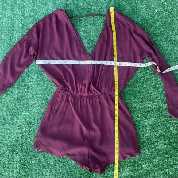 Burgundy Long Sleeve V-neck Romper with Crochet Details Size S - Picture 8 of 12